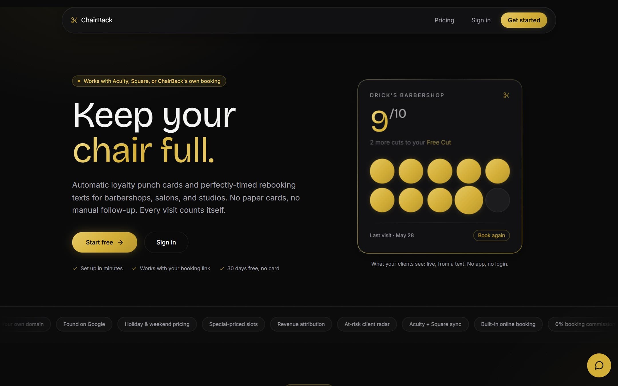 ChairBack homepage — “Keep your chair full” with a client loyalty card showing 8 of 10 cuts