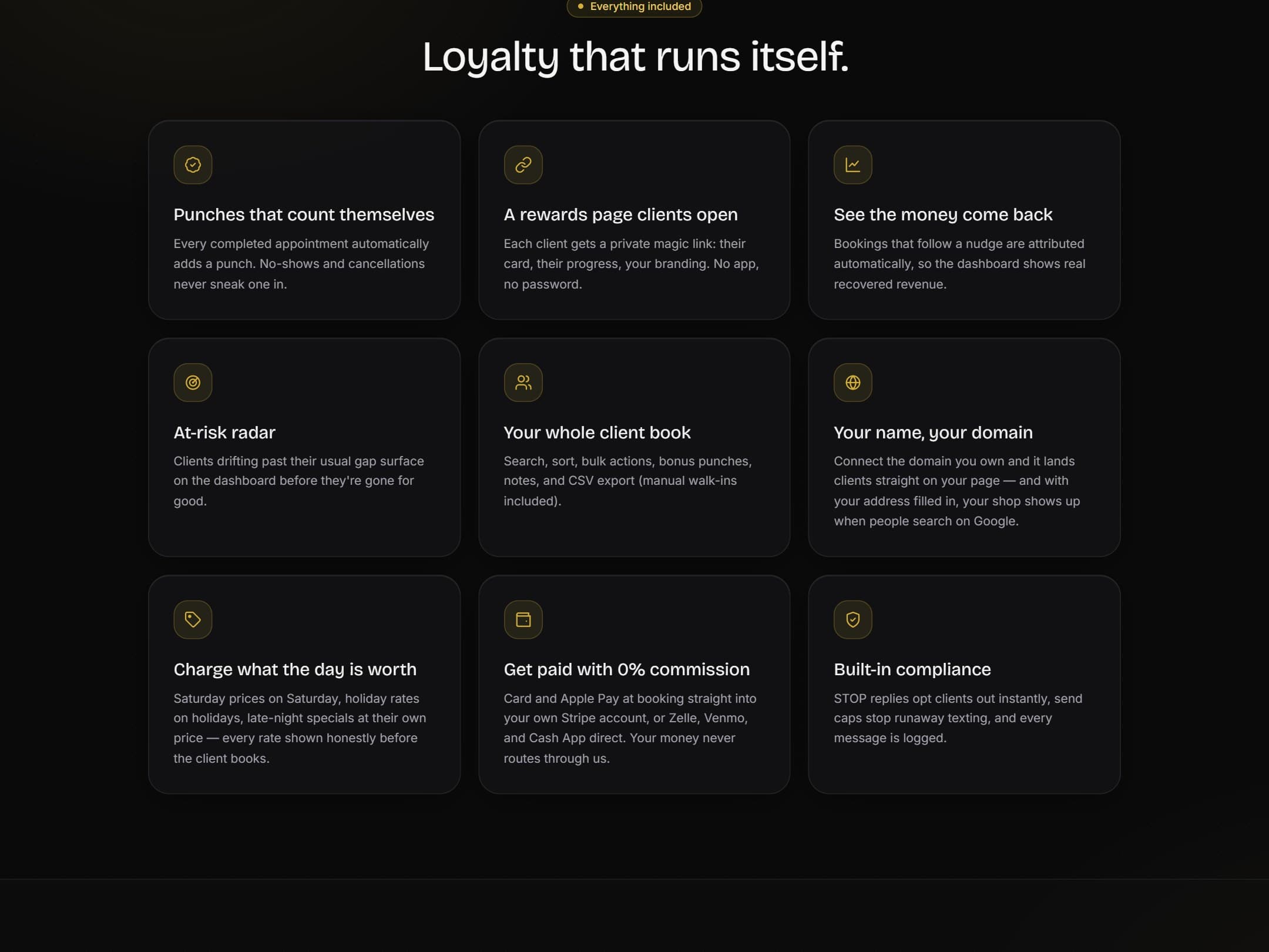 ChairBack feature grid — punches that count themselves, rewards page, at-risk radar, custom domain