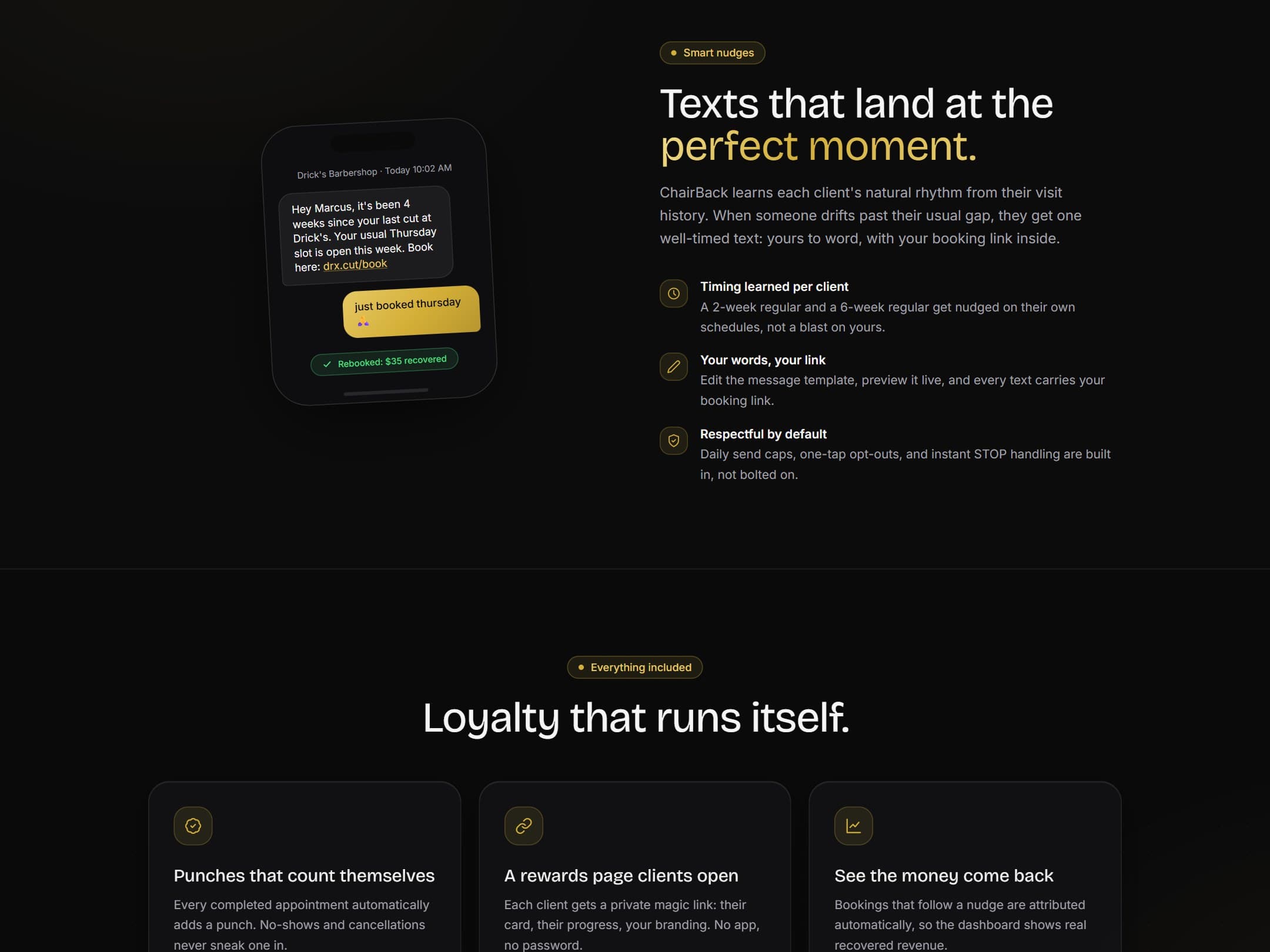 ChairBack rebooking text timed to each client’s visit rhythm