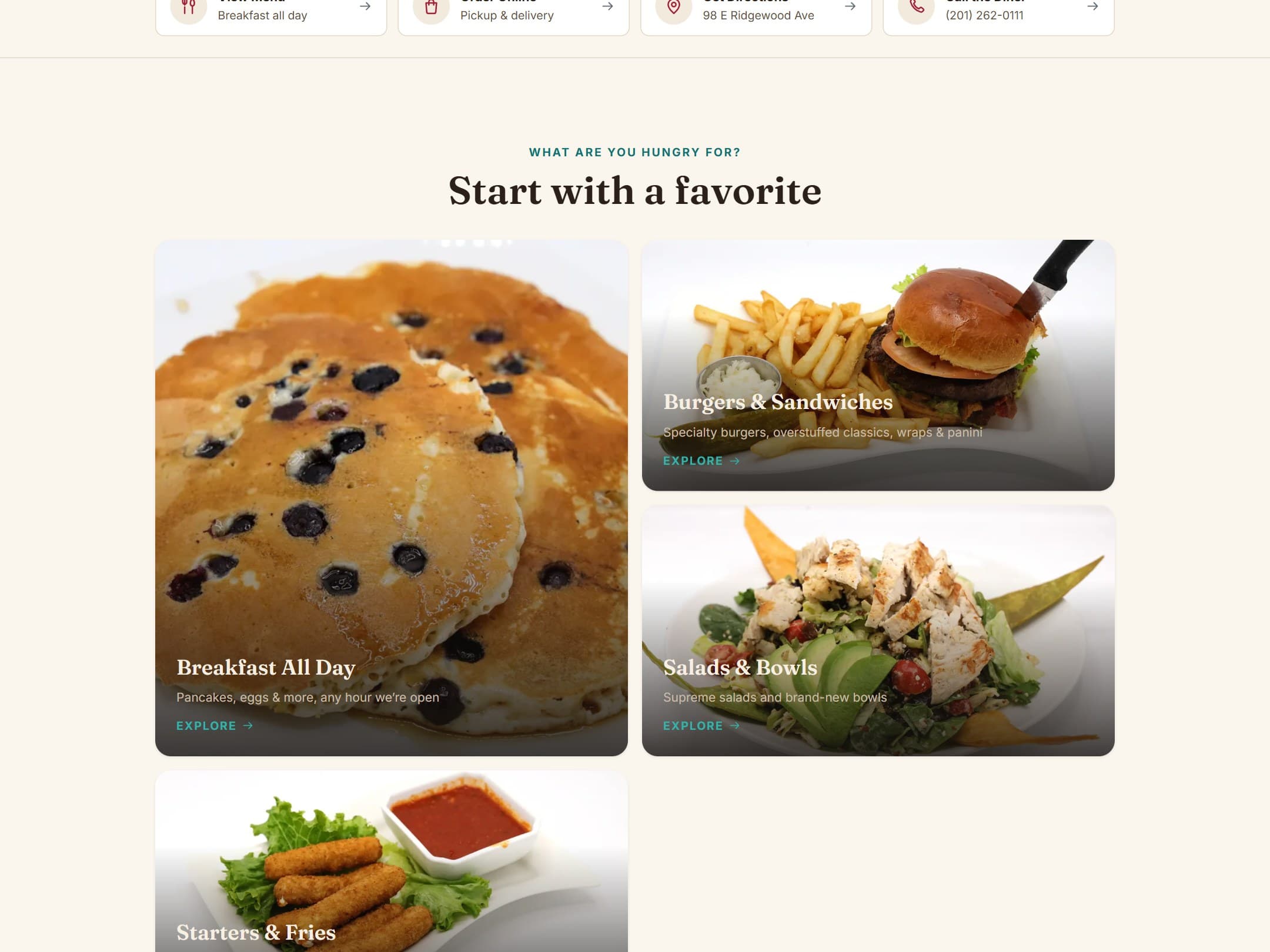 “Start with a favorite” — breakfast, burgers, salads, and starters