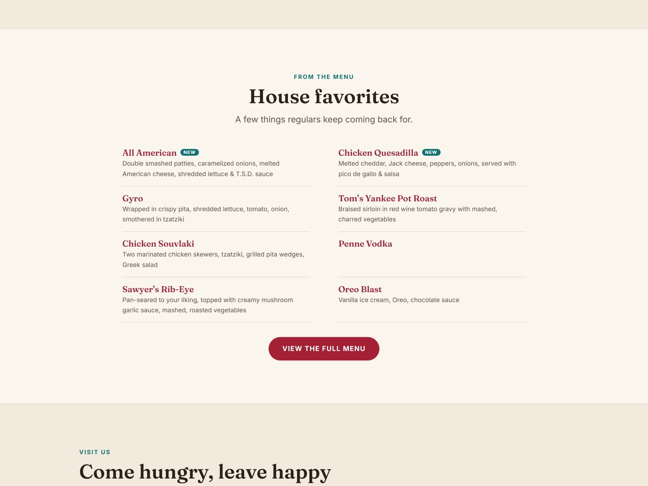 House favorites from the menu
