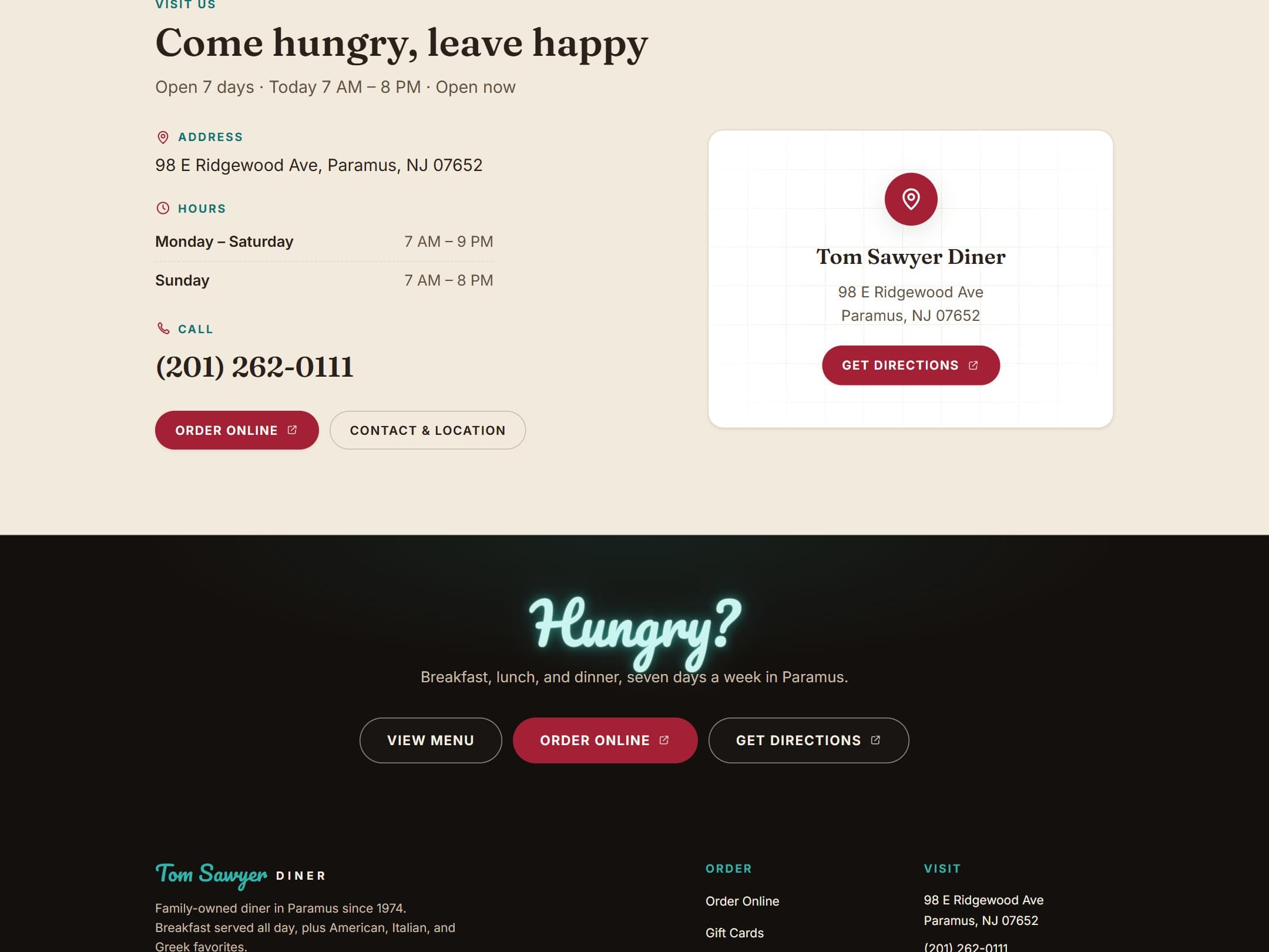 “Come hungry, leave happy” — hours, address, phone, and directions