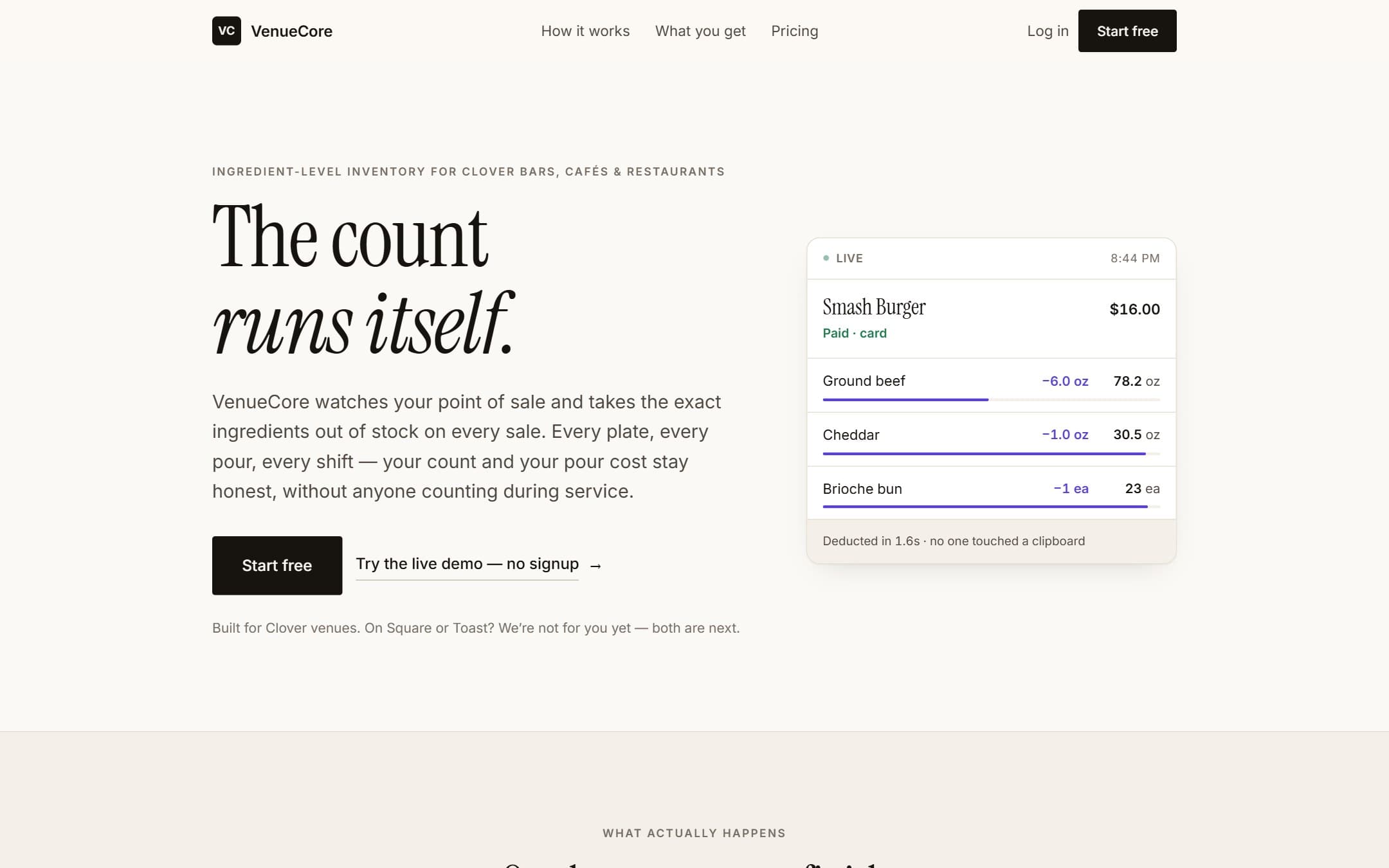 VenueCore homepage — “The count runs itself” with a live ingredient deduction card