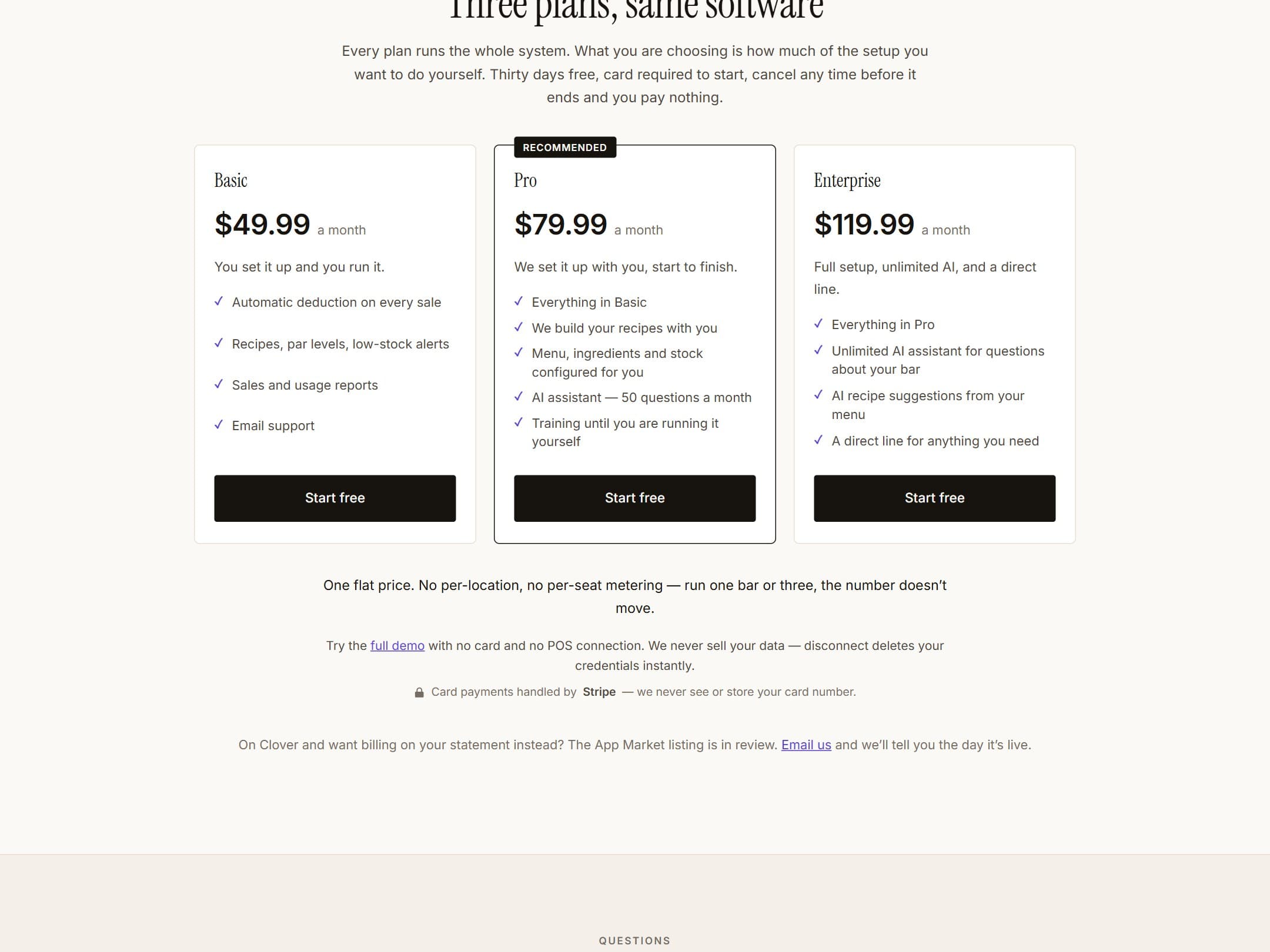 VenueCore pricing — three flat-rate plans, same software