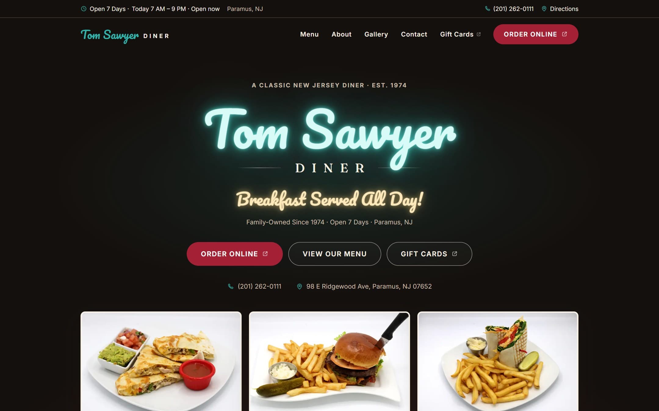 Tom Sawyer Diner website — neon wordmark, “Breakfast Served All Day”, and food photography